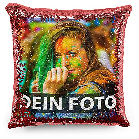 Tassendruck Foto-Kissen mit bedruckten roten Wendepailletten Selbst gestalten (40 x 40 cm) - mit Foto individuell Bedruckt/Personalisierte Geschenk-Idee/Deko-Kissen inkl. Füllung