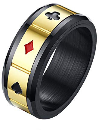 HIJONES Herren Einzigartig Cocktail Poker Spiel Spaten Karten Drehen Ring aus Edelstahl Schwarz Gold Größe 60