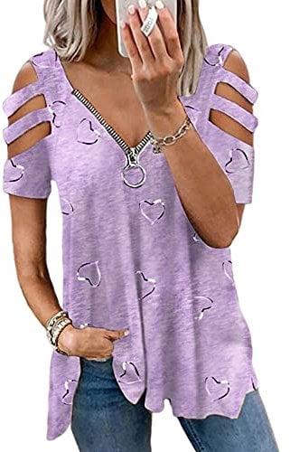 Colisha Womens Cold Shoulder Blouse Tops Ladies Short Sleeve Loose Zip V Neck T Shirts Casual Print Tunic Hollow Out Shoulder Tee Shirt L Heart Purple