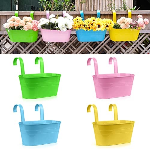 RIOGOO Lot de 4 Pots de Fleurs en métal à Suspendre au Mur avec Crochet Amovible (Grand)