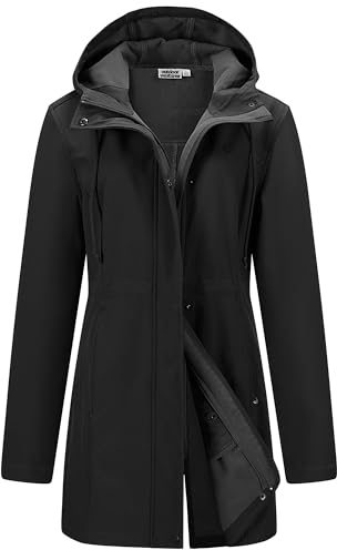 Outdoor Ventures Veste softshell pour femme,Veste de pluie fonctionnelle et légère,Coupe-vent,Imperméable,Veste de randonnée respirante,Avec capuche,Pour printemps, automne, hiver, Noir , S