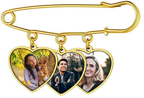 Custom4U Personalisierte 3x Herz Brosche mit Foto Amulett Edelstahl Broschen Anstecknadeln Gold für Damen Herren Memorial Anhänger Brautstrauß mit Bild für Hochzeit Weihnachten Geburtstag
