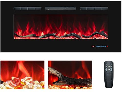 Benrocks 76cm Electric Fireplace Inserts, Recessed and Wall Mounted Heater, Linear Fireplace Thermostat, Remote & Touch Screen, Multicolor Flame, Timer, Log & Crystal, 750W/1500W