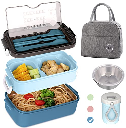Homnoble Bento Box Adult Lunch Box, Bento Box for Kids Adult Leakproof BPA-Free 3 Compartment Lunch Box Container 4 in 1 Meal Prep Container Dishwasher & Microwave Safe with Utensils & Bag, Blue