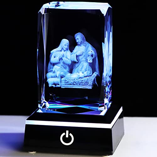YWHL 3D-Kristall-Krippenfiguren mit bunter Basis, lasergraviert, Heilige Familie, Statuen für religiöse Geschenke für Frauen und Männer zu Weihnachten, christlich-katholische Kirche, Sammlerstück,