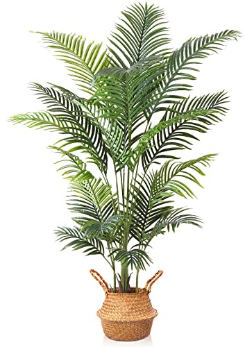 Ferrgoal Artificial Areca Palm Plants 6 Ft Fake Palm Tree with 20 Trunks in Pot with Woven Basket Faux Dypsis Lutescens Plant for Home Indoor Office Modern Decor Perfect Housewarming Gift Green 1 Pack