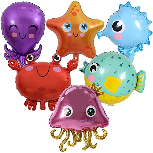 YGCHEN Folienballon Meerestier Luftballon Kugelfisch Ballons Seestern Luftballons Tintenfisch Krabbe Hippocampus Qualle Fisch für Kindergeburtstag Deko Meeres Tier Party B 6 Stücke