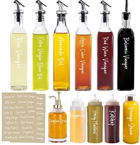 v2croft Lot de 138 étiquettes pour huile et vingars, stikers de bouteilles de condiments, texte blanc en vinyle transparent, organisation de garde-manger pour distributeur d'huile, vinaigrettes, sauce