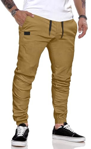 JMIERR Pantalones de Trabajo Hombre Casuales Deporte Elásticos Joggers Largos Pants con Bolsillos Algodón Slim Fit Cargo con cinturón con cordón, Caqui-3 M