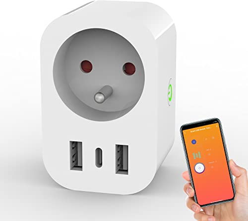 ANTELA Prise Connectée WiFi (FR) 16A avec 2 USB et 1 Type C(2,4A), Mesure de Consommation Électrique, Prise Intelligente Compatible avec Alexa/Google Home, APP Contrôle, Contrôle Vocal