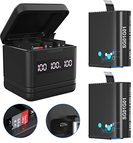 2 Pack 1800mAh Batteries for GoPro Hero 8/7/6, 3-Channel USB-C Fast Charger Station with Battery Digital LCD Display and Micro SD Card Reader Function