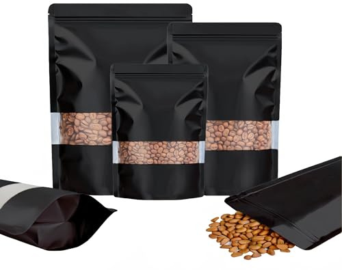 Rimiko 100 Stück Druckverschlussbeutel zum Aufstellen mit Fenster, Zip Folien Mylar Stand up Beutel, Wiederverschließbare Tasche zur Aufbewahrung von Lebensmitteln (Schwarz,10x15cm)