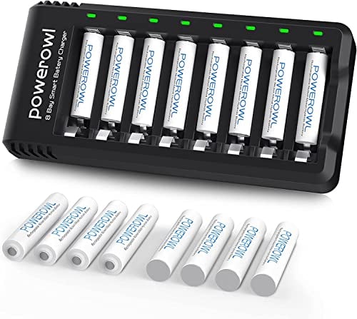POWEROWL Akku Ladegerät mit AAA Akku 1000mah 16 Stück, AA Akkuladegerät 8 Steckplatz Universal Batterieladegerät für NI-MH NI-CD AA AAA Wiederaufladbare Batterien