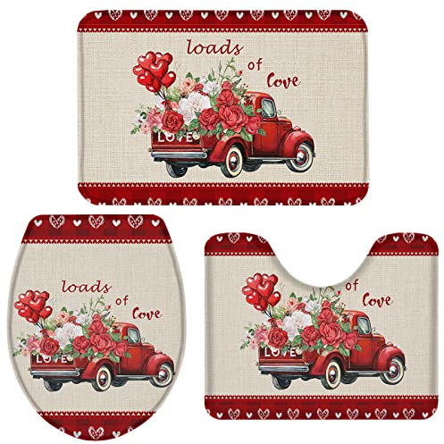 Set 3 Teilig Badvorleger EIN Roter LKW Mit Romantischen Rosen Und Luftballons Dekorative Bade-Matte+Kontur+Wc-Deckelabdeckung Langlebige Badgarnitur Badematten Für Badewanne Wc-Sitz Bezug