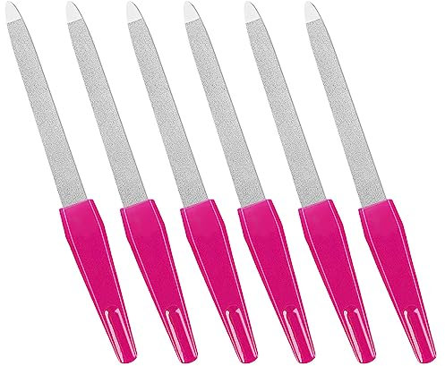 Limas de uñas de metal con punta afilada de acero inoxidable, mango antideslizante, lima de uñas de doble cara grano de zafiro para uñas naturales, limas de uñas metálicas, color rosa (6 unidades)