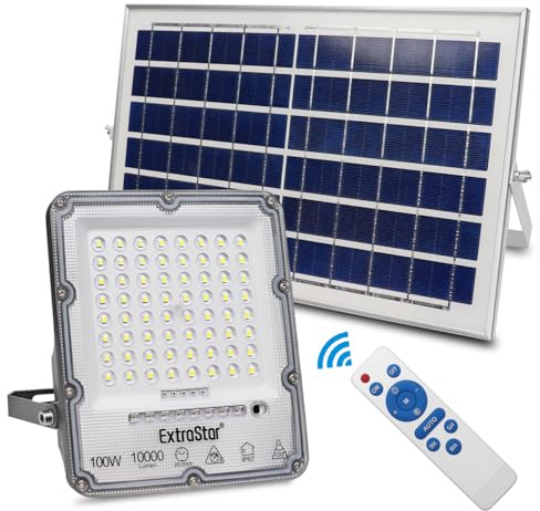 EXTRASTAR Projecteur LED solaire 200 W avec télécommande, lumière blanche froide 6 500 K, 20 000 lm, étanche IP67, adapté pour l'extérieur, jardin, cour