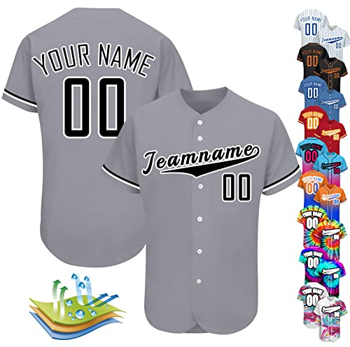 Personalisierbares Baseball-T-Shirt für Männer, Frauen und Kinder, mit Namensnummern, Knöpfen, Sportuniform, Grau-Schwarz-9, S-4XL