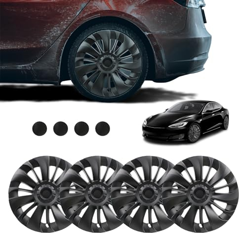 Radkappe in Mattschwarz kompatibel mit Tesla Model Y, 19 Zol Radzierblenden 4 er Set, ABS Felgenschutz Ersatzabdeckung Unterstützung Logo Symmetrie Design für Felgenabdeckung für Autofelgen