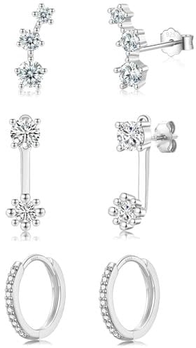 Sterling Silver Stud Earrings Set for Women Girls, 3 Pairs Hypoallergenic Silver Stud & Hoop Earrings Set with Cubic Zirconia, Small Cartilage Sleeper Earrings Jewelllery Gifts