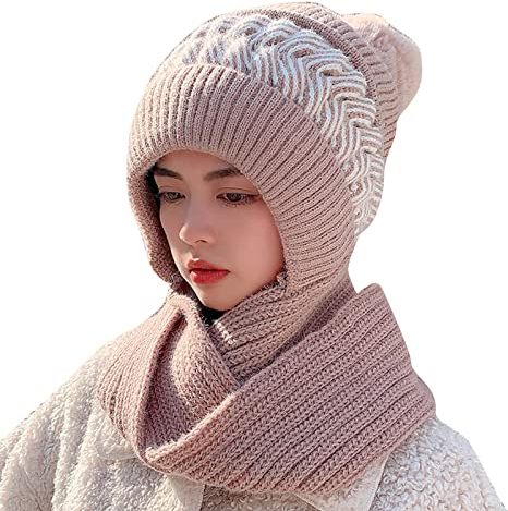 Che Mütze Babyhaube Winter Damen Winter Slouchy Strick Warme Mützen Wollmütze Schal Integrierte Pullover Mütze Niedliche Eltern Kind Strickmütze Babymütze Neugeborene Mütze Mit (Pink, One Size)