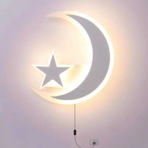 LED Mond Wandlampe mit Schalter und Stecker, 18W Kinderzimmer Wandleuchte Sterne und Mond Nachttischlampe mit Kabel Dimmbar 3 Lichtfarben Kinder Nachtlicht Mond Lampe Deko Wandbeleuchtung Modern
