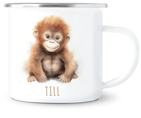 Affe Emaille Tasse Kinder Trinkbecher personalisierte Kindertasse mit Namen süßer Kinderbecher für Mädchen & Jungen Geschenk Emaille Becher 300 ml (Affe)