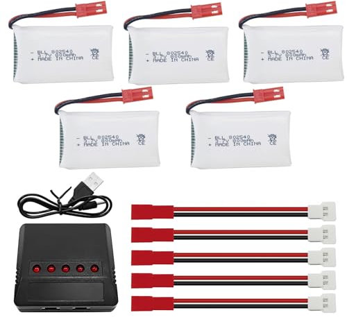 5PCS 3.7V 800mAh Lipo Batterie Fernbedienung Drohne Batterie mit 5-in-1 Ladegerät JST Stecker für SYMA X56W MJX X400W X300C X800 HS110 HS200 S670 V950hd S1750 V2450 Fernbedienung Quadcopter