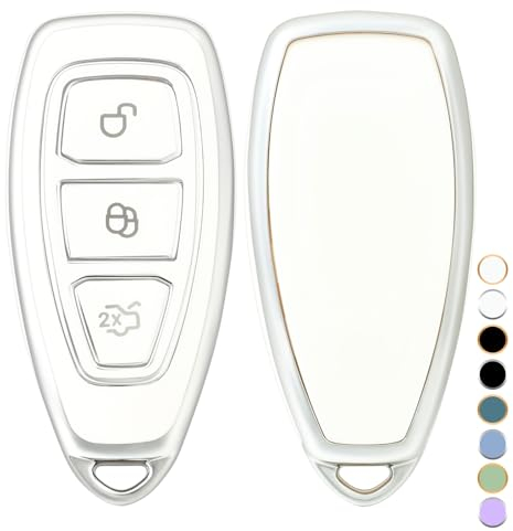 OFF WE GO Schlüsselhülle Cover für Ford Autoschlüssel Hülle für Fiesta Focus C-Max Galaxy B-Max Kuga Mondeo S-Max 3 Tasten TPU Auto Schlüssel Schutzhülle Schlüsselbox Cover Damen Männer, Weiß Silber