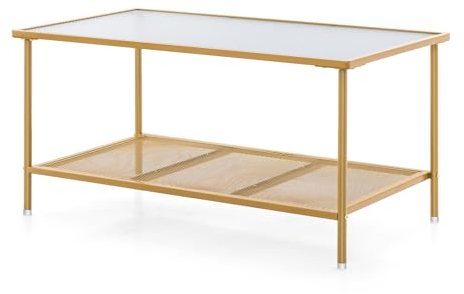 GIANTEX Mesa de Centro de Vidrio de 2 Pisos, Mesa de Café Moderno con Cristal Templado, 90 x 50 x 46 cm, Mesa de Salón con Marco de Metal, para Dormitorio, Salón, Color Dorado
