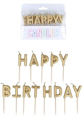 Henbrandt Pack of 13 Gold Happy Birthday Candles on Wooden Picks, Metallic Gold 7cm Lettered Happy Birthday Celebration Candles Cake Topper for Birthday Cake and Cupcake Decorations