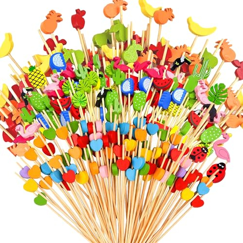 Yhuasia 200 palillos de dientes decorativos, 4,7 pulgadas, palillos de cóctel de madera, para cócteles decorativos, mezclador reutilizable apto para barbacoas, fiestas y bebidas