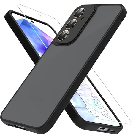 MIKULLE Mat Coque pour Samsung Galaxy A55 5G avec 1 Verre trempé Protection, Antichoc Housse Case de PC Translucide Arrière avec Silicone TPU Bumper et Caméra Protecteur Etui - Noir