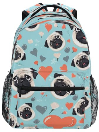 Mnsruu Rucksack, Motiv: Mops, Hund, Liebe, Herz, Blau, Tagesrucksack, Schultasche, Reisetasche, Schultertasche für Studenten, Jungen, Mädchen, mehrfarbig, L