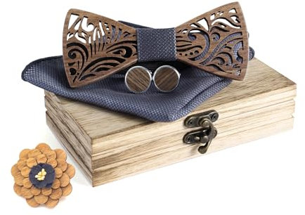 Cyriacus Fliege Set Holz, Marineblaues geripptes Schachbrettmuster enthält Papillon und Manschettenknöpfe, quadratisches Halstuch und Korsage (4 PCS), Geeignet für den Einsatz in mehreren Szenen