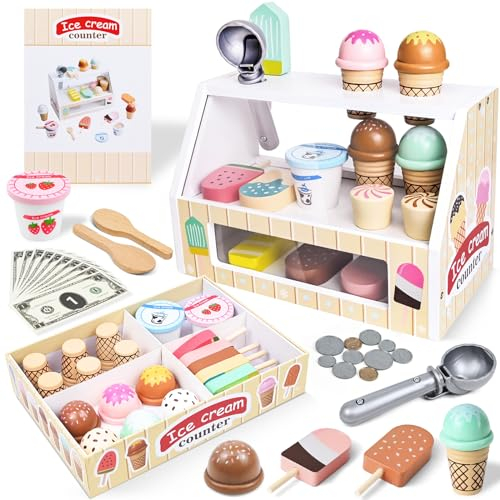 Ulikey Eisdiele Kinder Holz, Eisladen Spielzeug mit Eistheke, Menü und Spielgeld, Eisverkauf zum Rollenspiel, Kinderküche EIS Zubehör, Montessori Spielzeug Geschenk für Jungen Mädchen ab 3 Jahren