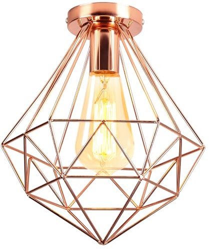 PETITES ECREVISSES Plafonnier E27 Industriel Lustre Suspension Vintage Métal Cage Lampe plafond forme Diamant 26cm Rétro Luminaire d'eclairage pour Chambre Salon Cuisine (Or rose-p)