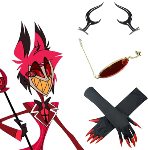 4PCS Hazbin Hotel Alastor Cosplay Brille Glasses Teufelshörner Handschuhe Zubehör Requisiten,Anime Böse Stirnband Teufel Schwarz Haareif Kopfbedeckung Halloween Karneval Cosplay Kostüm Requisiten