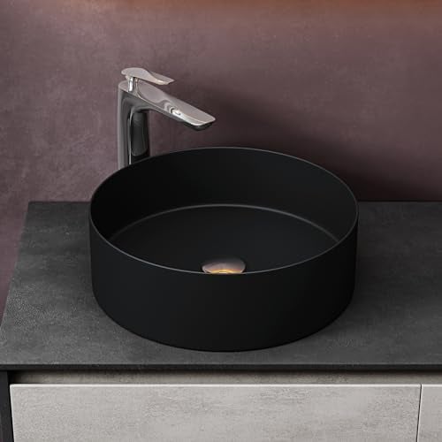 Sogood Lavabo Vasque à Poser Noir Mat 40x40x13 cm Lave Mains Rond en Céramique Revêtement NANO Easy Clean Bruxelles203
