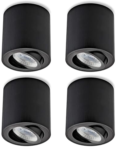 Sweet Led Aufbauspot GU10 Schwarz gebürstet – 4er Set Aluminium Deckenstrahler 230V – LED Spots deckenleuchte rund (7W warmweiß) schwenkbar, inkl. Leuchtmittel – spotlight Innenbeleuchtung