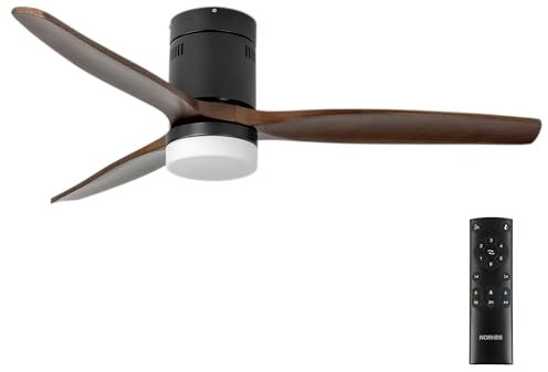 NORHES Kent Ventilador Techo Negro/Madera Oscura. 3 Aspas Ø132cm. Luz Led 20W Neutra/Cálida/Extra Cálida. Motor DC. Verano/Invierno. 6 Velocidades. Control Remoto Temporizador. Silencioso. Brisa