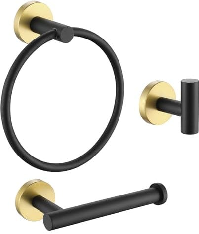 TURS Bathroom Hardware Accessories Set,Towel Hook Toilet Roll Holder Towel Ring, Wall Mounted Toilet Paper Holder, 3 Pieces Classic Stainless Steel Bath Accessory Hooks, Black+Brushed Gold