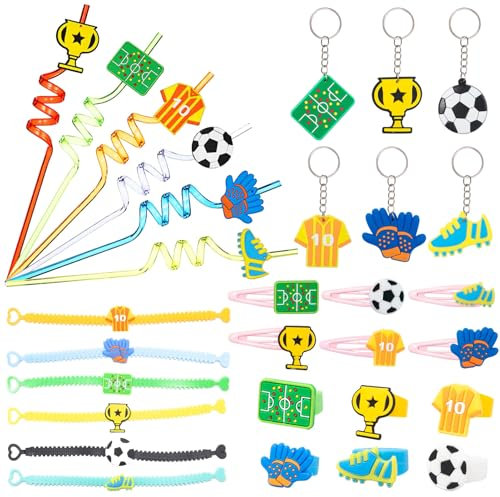 Bofanze 16 Pièces Pailles Enfants Reutilisables Football Pailles Réutilisables en Plastique pour Enfants Pailles Décoratives de Football Pailles de football pour Anniversaire d'enfant