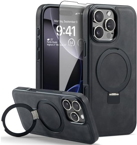 Sibada iPhone 16 Pro Leather Case with Hidden Circular Stand for Stylish Slim Magnetic Phone Case (2024) 6.1 inch - Black