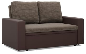 Mebligo - Zweisitzer Sofa Wohnzimmer mit Schlaffunktion, Bettkasten und Kunsteleder 148x90x87 (BxHxT) Braun Luna, Schlafsofa Platzsparend, Schlafcouch, Sofabett, Sofa Bed, Bettsofa