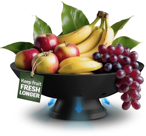 Black Wooden Fruit Bowl - Large Decorative Pedestal Bowl for Kitchen Counter & Dining Table Centerpiece, Modern Bamboo Serving Bowl for Fruits, Salads, Snacks, Keys, Bread, Entryway or Home Decor Gift