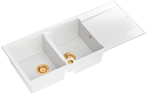 QUADRON fregadero doble cubeta blanco, EVAN 121 GraniteQ, fregadero de granito de 2 cubetas en 1160x500x210 mm, Push 2 Open fregadero con sifón y escurridor, elementos de cobre PVD