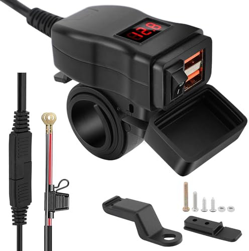 WODHMIEY Cargador USB Moto 12V-24V Universal Con Doble Puerto, Toma Impermeable IP65, Voltímetro Manillar y Botón de Encendido Para Teléfono, GPS y Cámaras