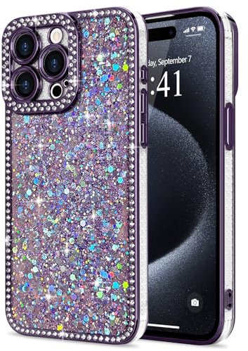 Lafunda Glitzer Hülle Kompatibel mit iPhone 15 Pro Max Handyhülle Mädchen Schuzhülle Glänzend Sparkle Diamond Hülle 3D Bling Kirstall mit Kameraschutz Case für iPhone 15 Pro Max Lila