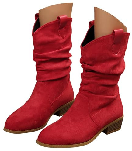 Dasongff Donna Stivaletti a pieghe in finta pelle scamosciata con tacco basso metà stivali da cowboy western con cerniera a pieghe retrò eleganti scarpe invernali stivaletti lunghi, A2 Rosso, 42 EU