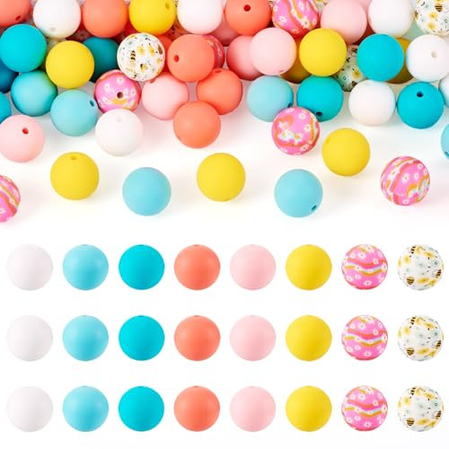 Sparkeads Lot de 80 perles rondes en silicone colorées imprimées fleurs 15 mm pour bijoux, colliers, stylos, porte-clés, boucles d'oreilles, cordon, bracelets, loisirs créatifs